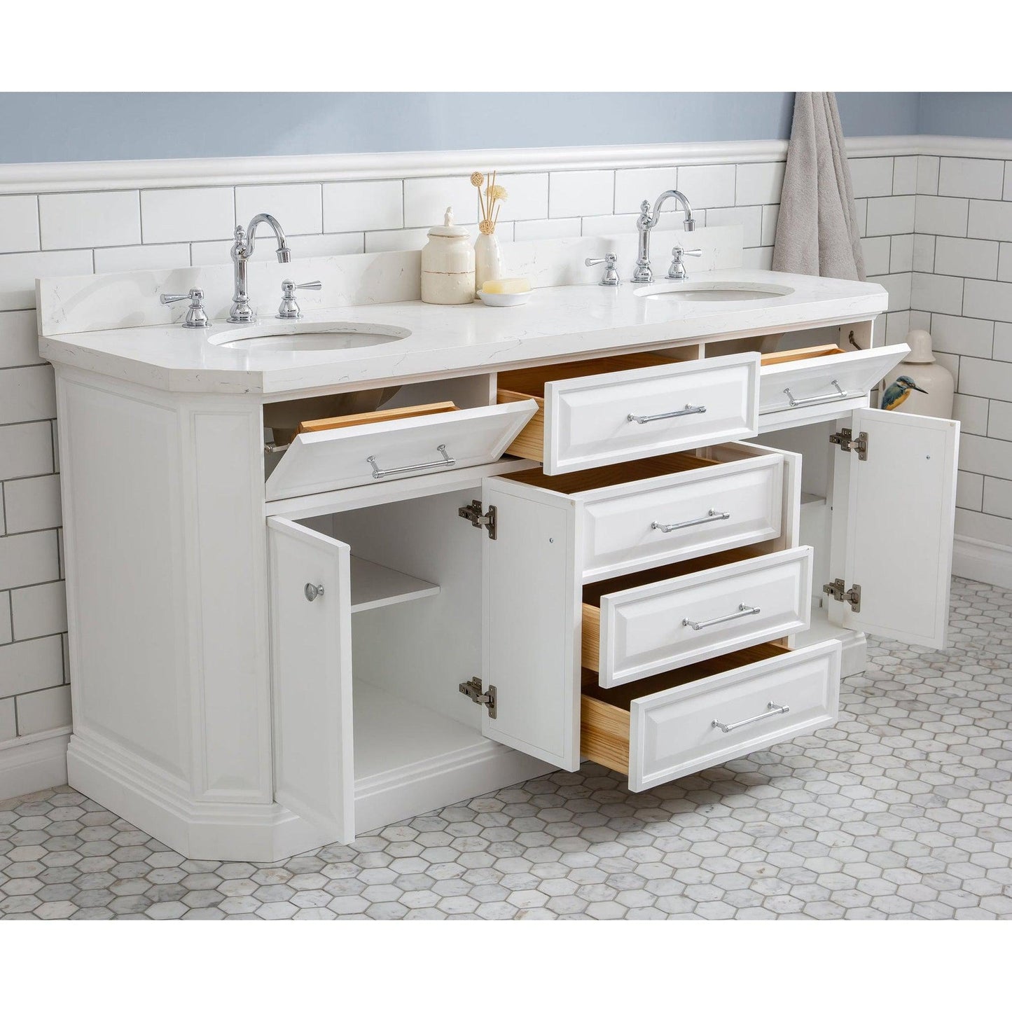 Water Creation Palace 72" Quartz Carrara Pure White Bathroom Vanity Set With Hardware And F2-0012 Faucets, Mirror in Chrome Finish