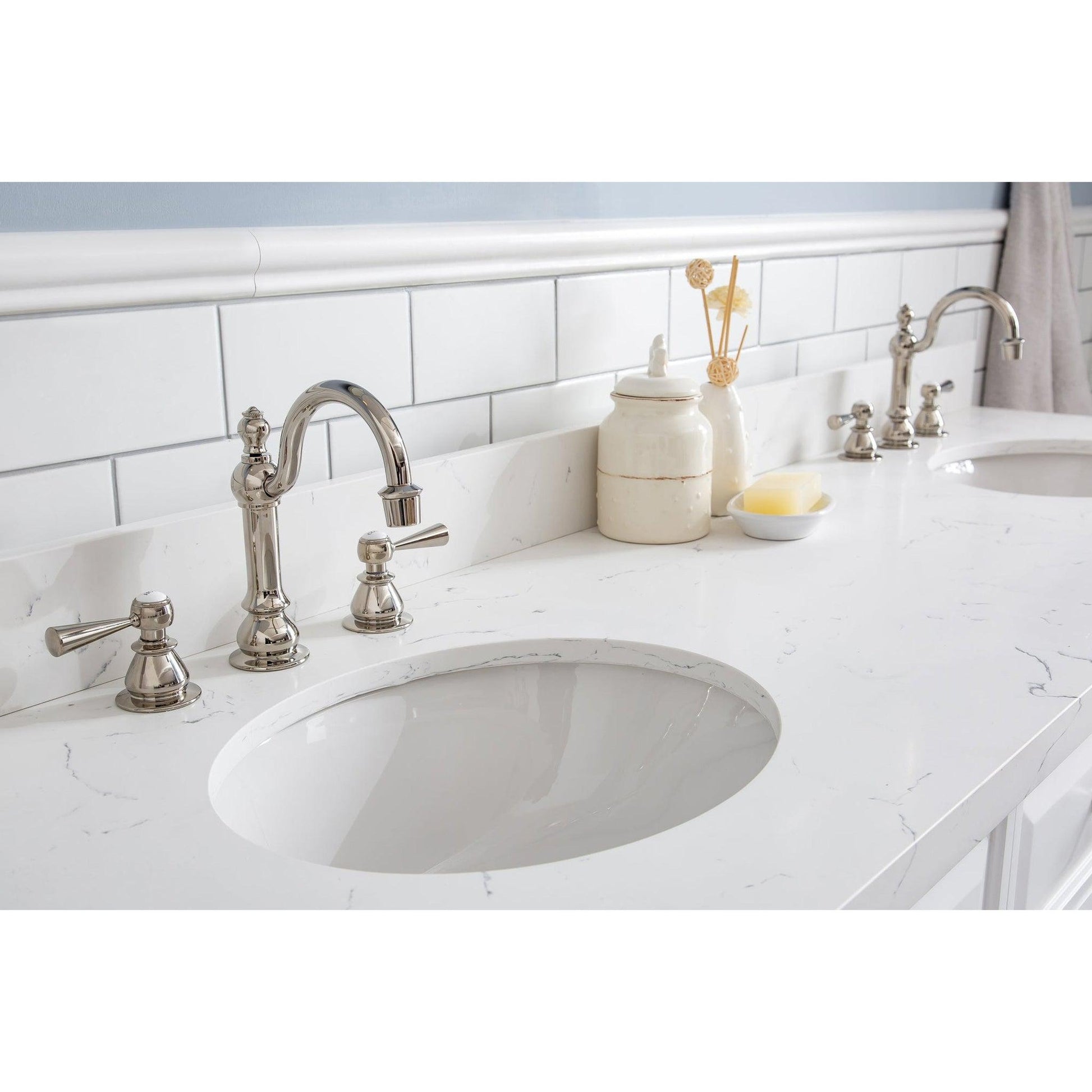 Water Creation Palace 72" Quartz Carrara Pure White Bathroom Vanity Set With Hardware And F2-0012 Faucets, Mirror in Polished Nickel (PVD) Finish