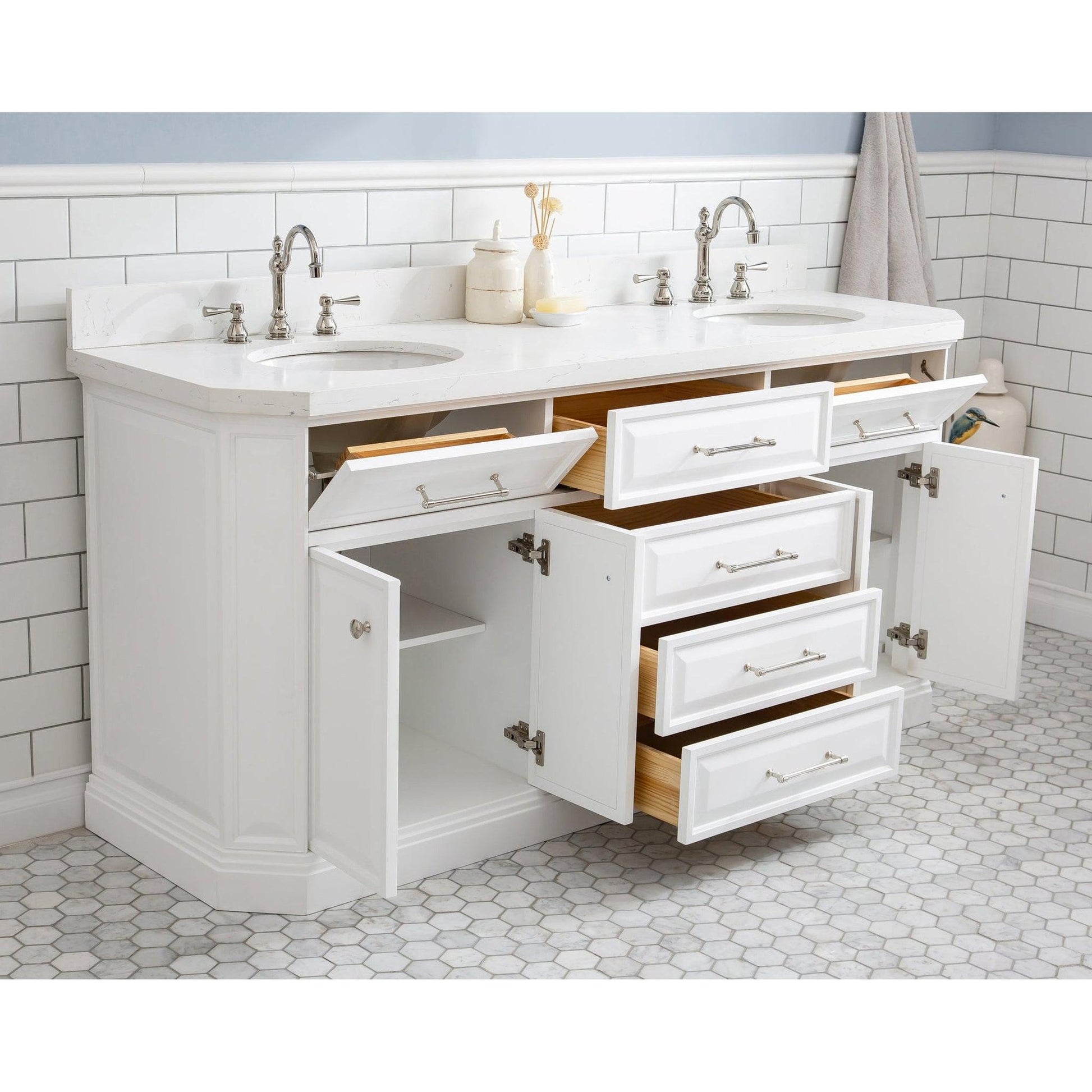 Water Creation Palace 72" Quartz Carrara Pure White Bathroom Vanity Set With Hardware And F2-0012 Faucets, Mirror in Polished Nickel (PVD) Finish