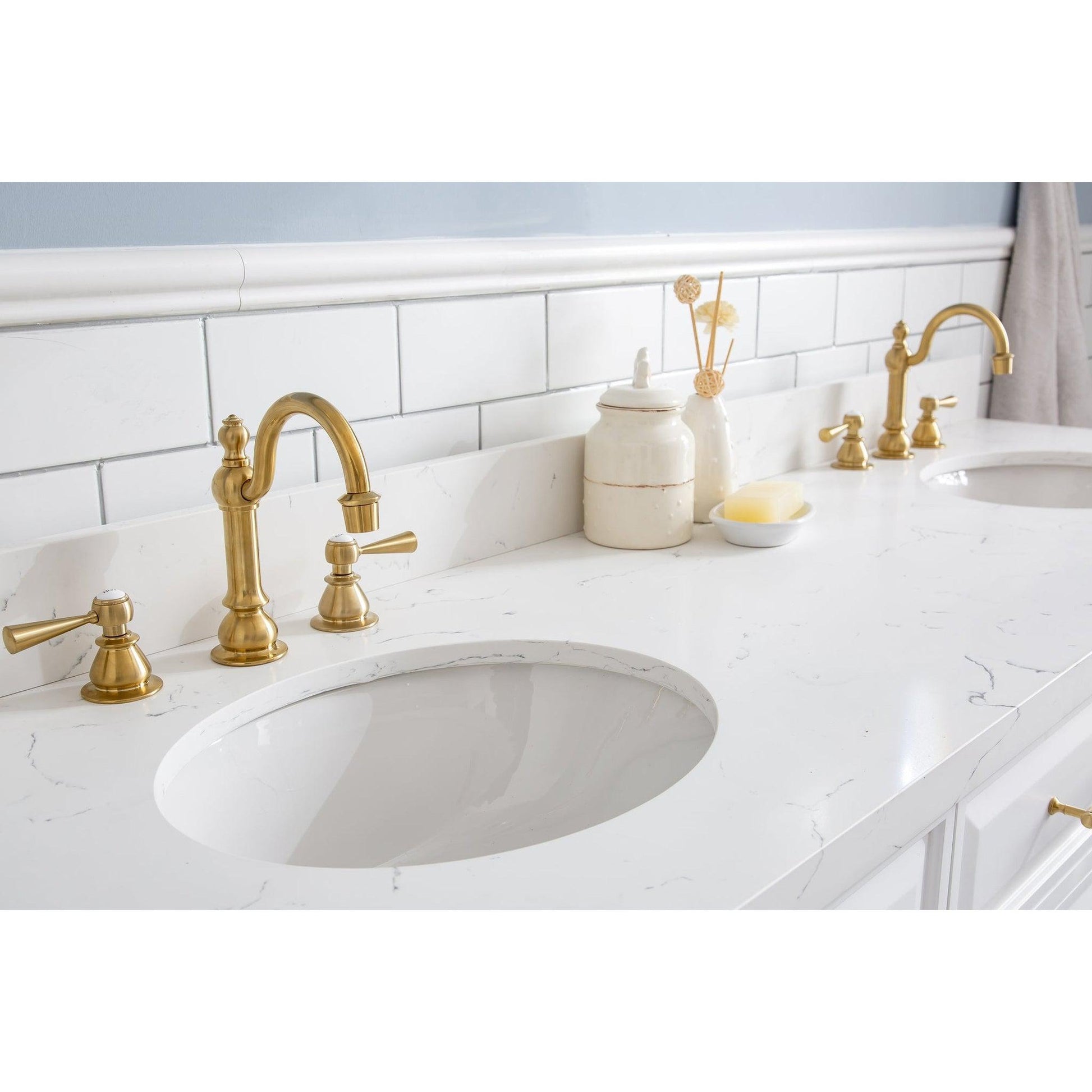 Water Creation Palace 72" Quartz Carrara Pure White Bathroom Vanity Set With Hardware And F2-0012 Faucets in Satin Gold Finish And Mirrors in Chrome Finish