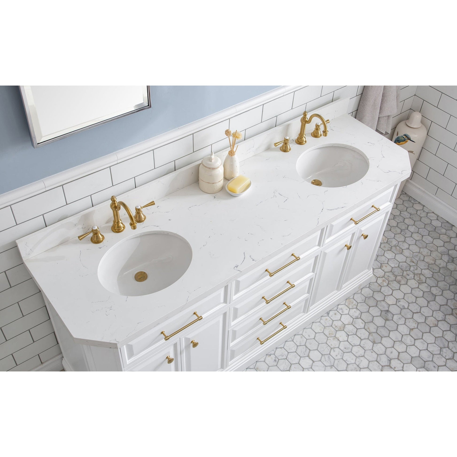 Water Creation Palace 72" Quartz Carrara Pure White Bathroom Vanity Set With Hardware And F2-0012 Faucets in Satin Gold Finish And Mirrors in Chrome Finish