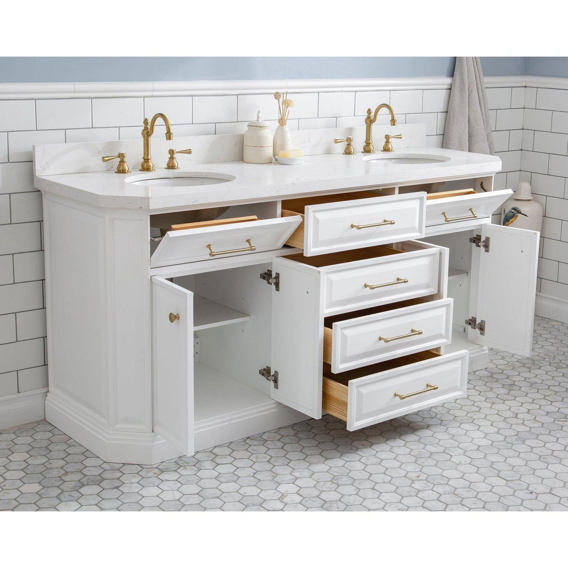 Water Creation Palace 72" Quartz Carrara Pure White Bathroom Vanity Set With Hardware And F2-0012 Faucets in Satin Gold Finish And Mirrors in Chrome Finish