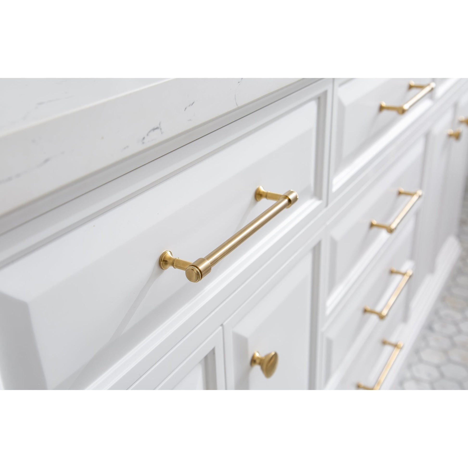 Water Creation Palace 72" Quartz Carrara Pure White Bathroom Vanity Set With Hardware And F2-0012 Faucets in Satin Gold Finish And Only Mirrors in Chrome Finish