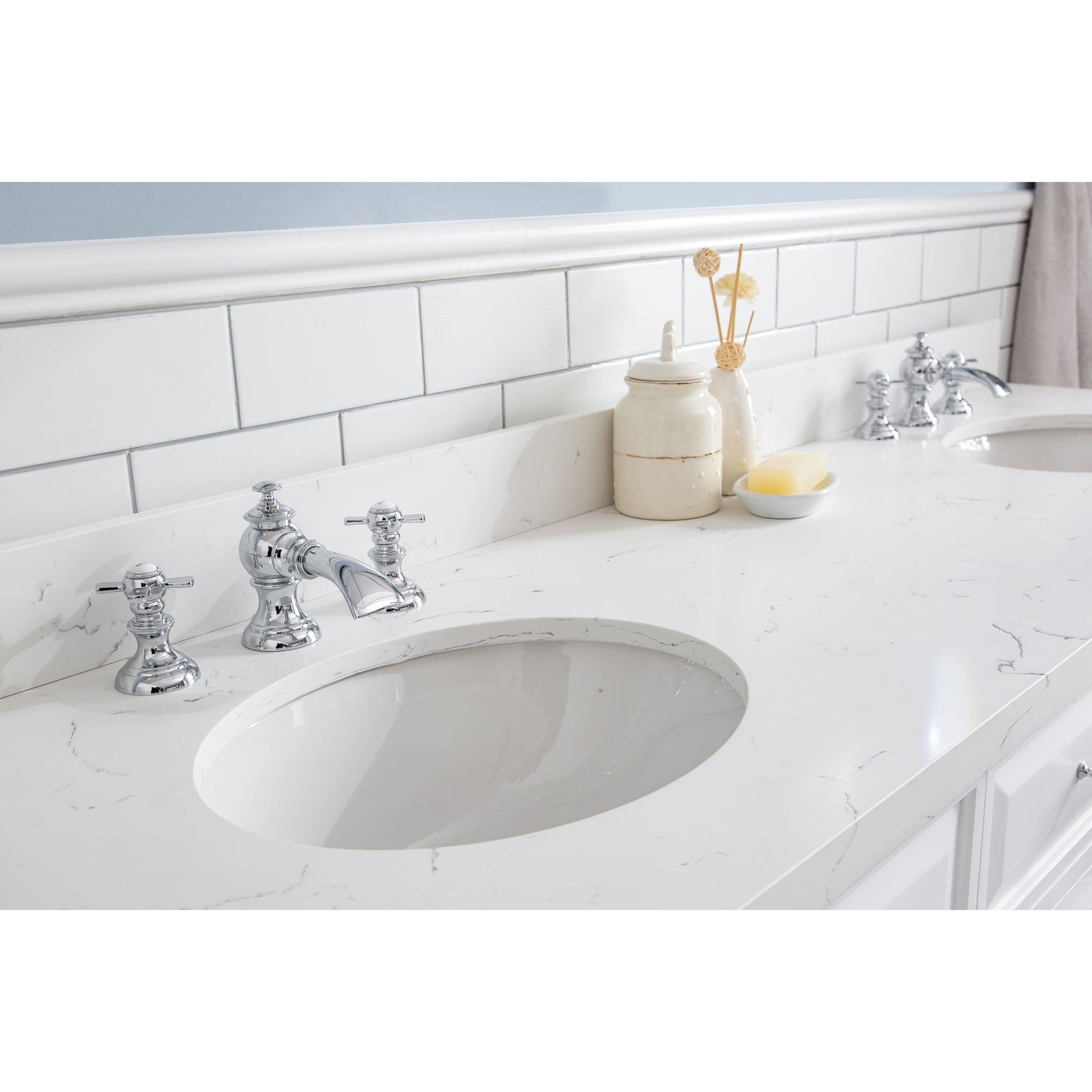 Water Creation Palace 72" Quartz Carrara Pure White Bathroom Vanity Set With Hardware And F2-0013 Faucets, Mirror in Chrome Finish
