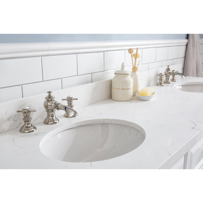 Water Creation Palace 72" Quartz Carrara Pure White Bathroom Vanity Set With Hardware And F2-0013 Faucets, Mirror in Polished Nickel (PVD) Finish