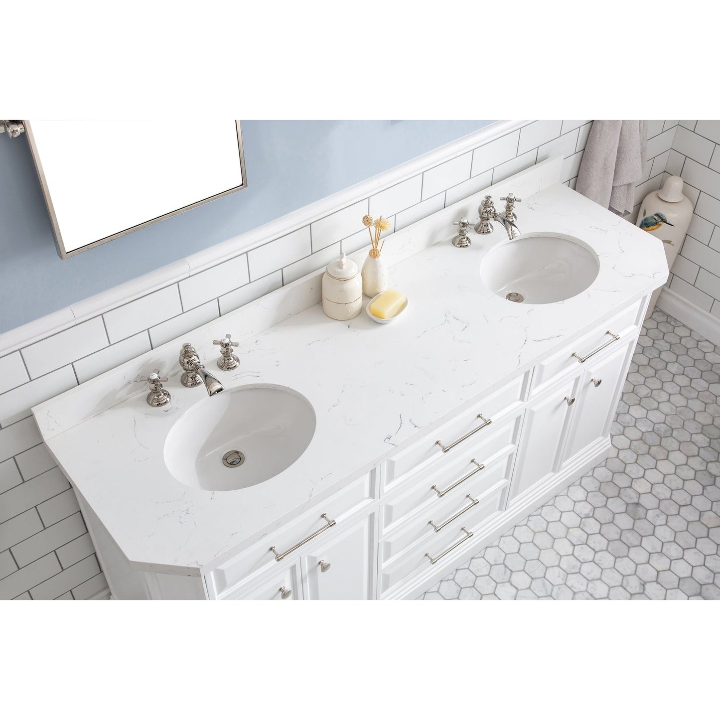 Water Creation Palace 72" Quartz Carrara Pure White Bathroom Vanity Set With Hardware And F2-0013 Faucets, Mirror in Polished Nickel (PVD) Finish