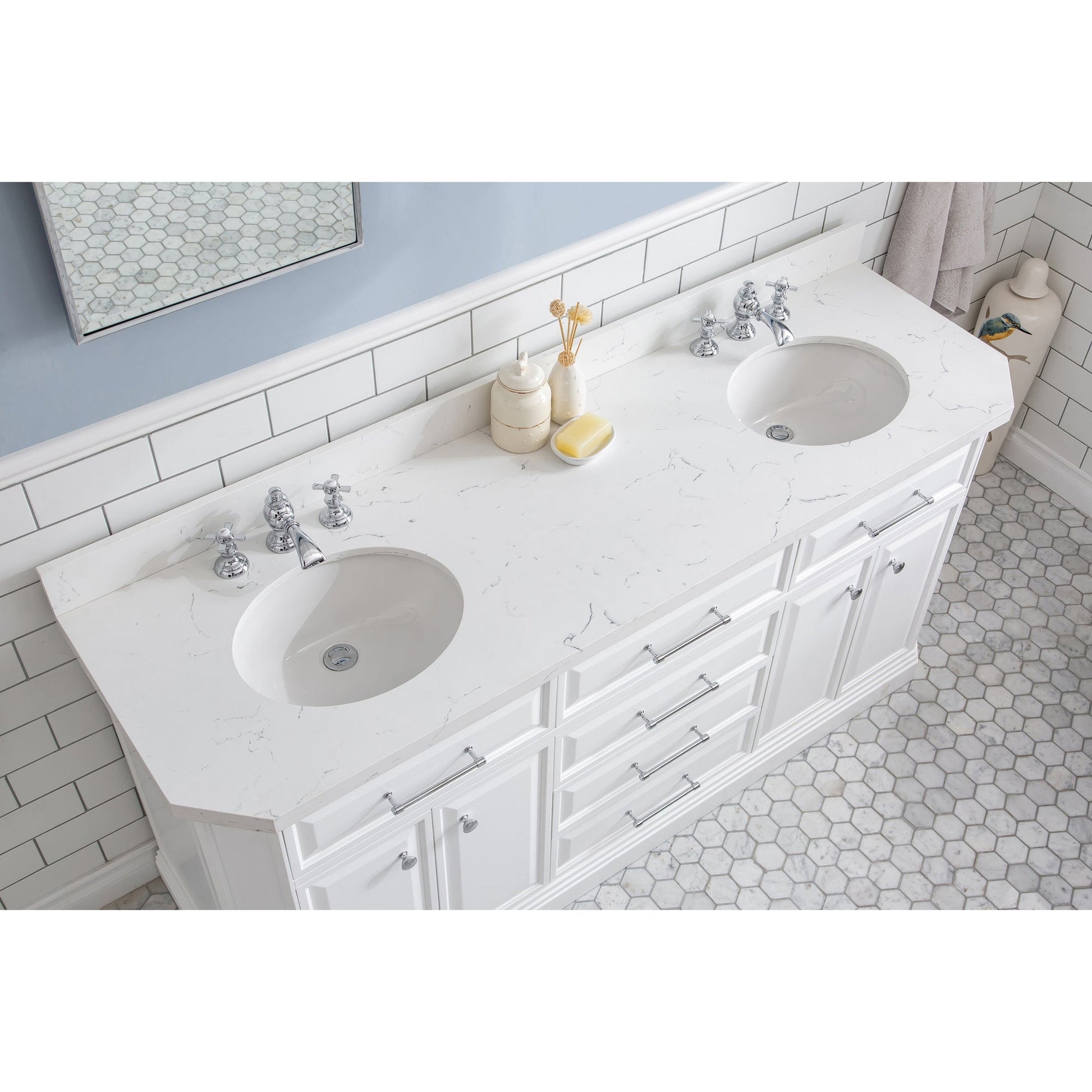 Water Creation Palace 72" Quartz Carrara Pure White Bathroom Vanity Set With Hardware And F2-0013 Faucets in Chrome Finish