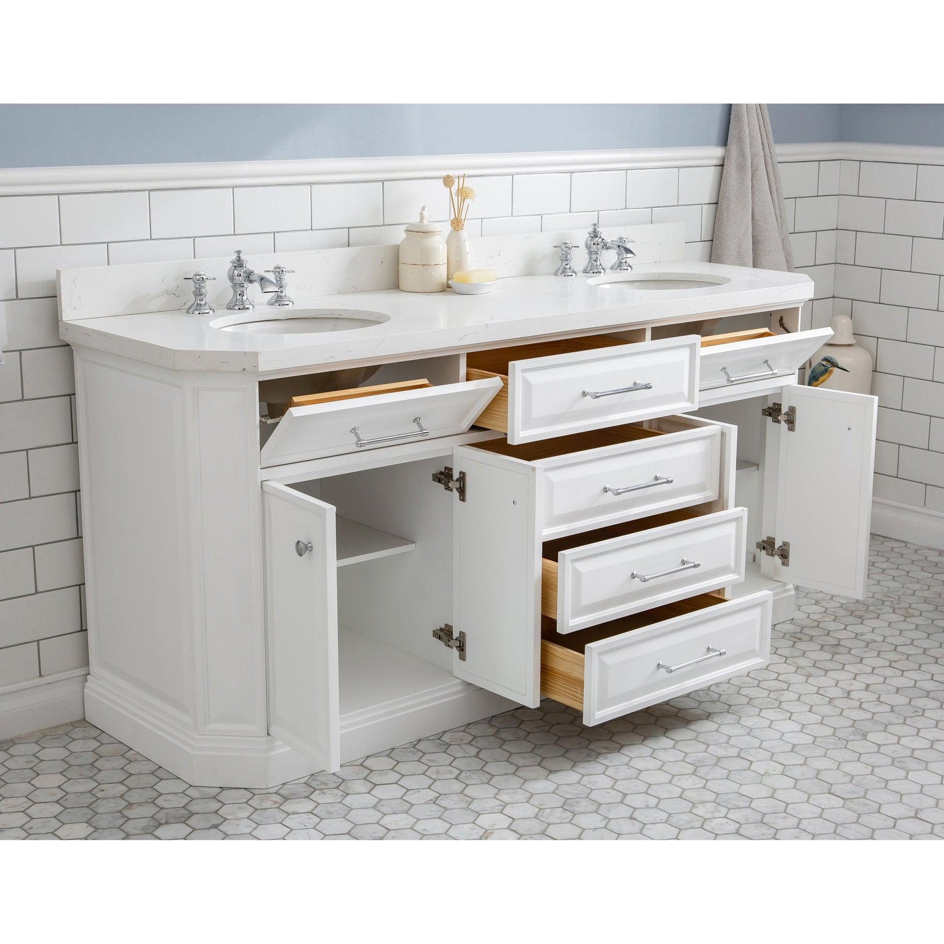 Water Creation Palace 72" Quartz Carrara Pure White Bathroom Vanity Set With Hardware And F2-0013 Faucets in Chrome Finish