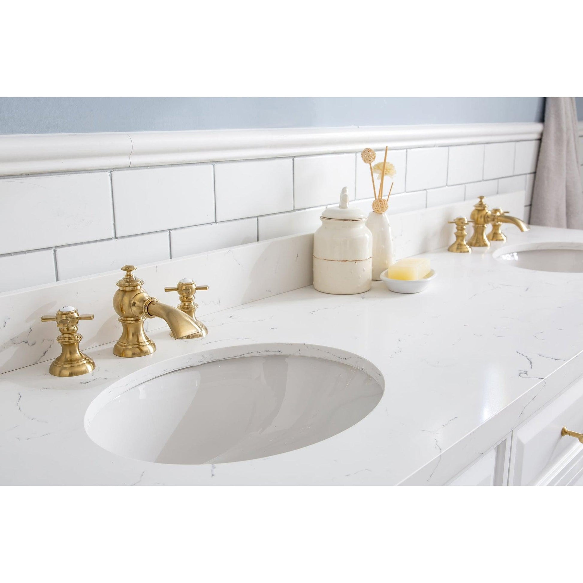 Water Creation Palace 72" Quartz Carrara Pure White Bathroom Vanity Set With Hardware And F2-0013 Faucets in Satin Gold Finish And Mirrors in Chrome Finish