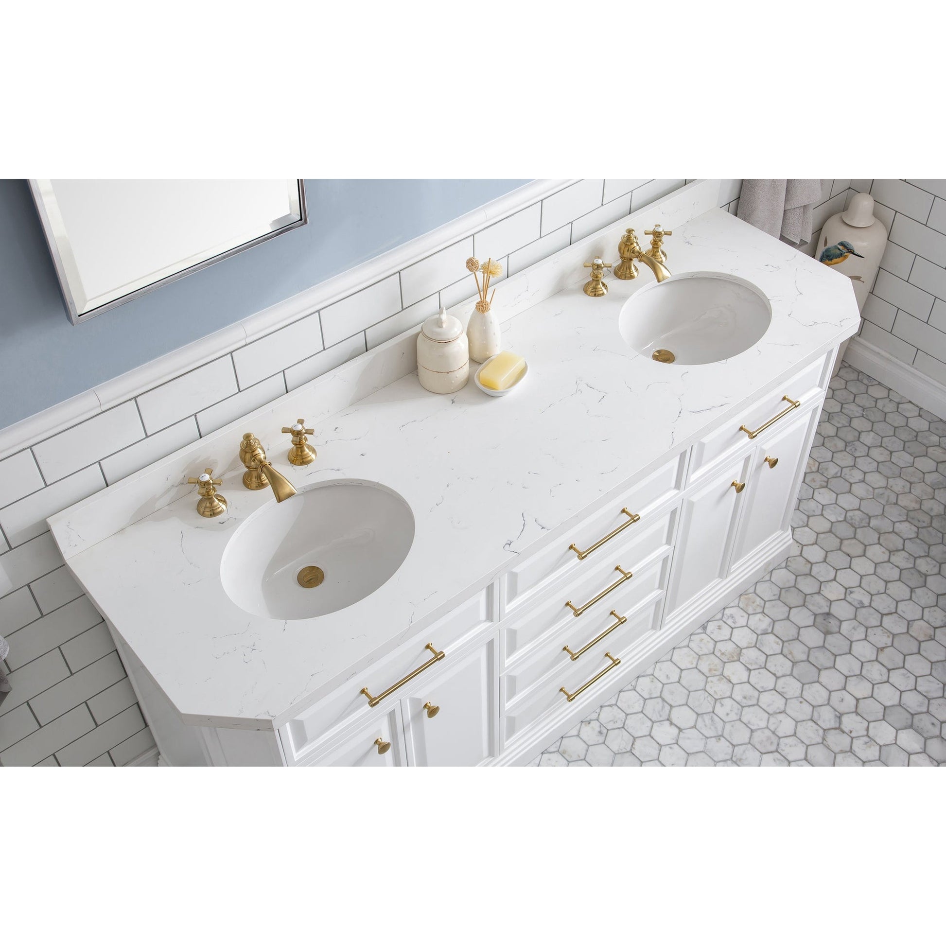 Water Creation Palace 72" Quartz Carrara Pure White Bathroom Vanity Set With Hardware And F2-0013 Faucets in Satin Gold Finish And Mirrors in Chrome Finish