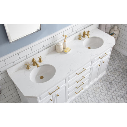 Water Creation Palace 72" Quartz Carrara Pure White Bathroom Vanity Set With Hardware And F2-0013 Faucets in Satin Gold Finish And Mirrors in Chrome Finish