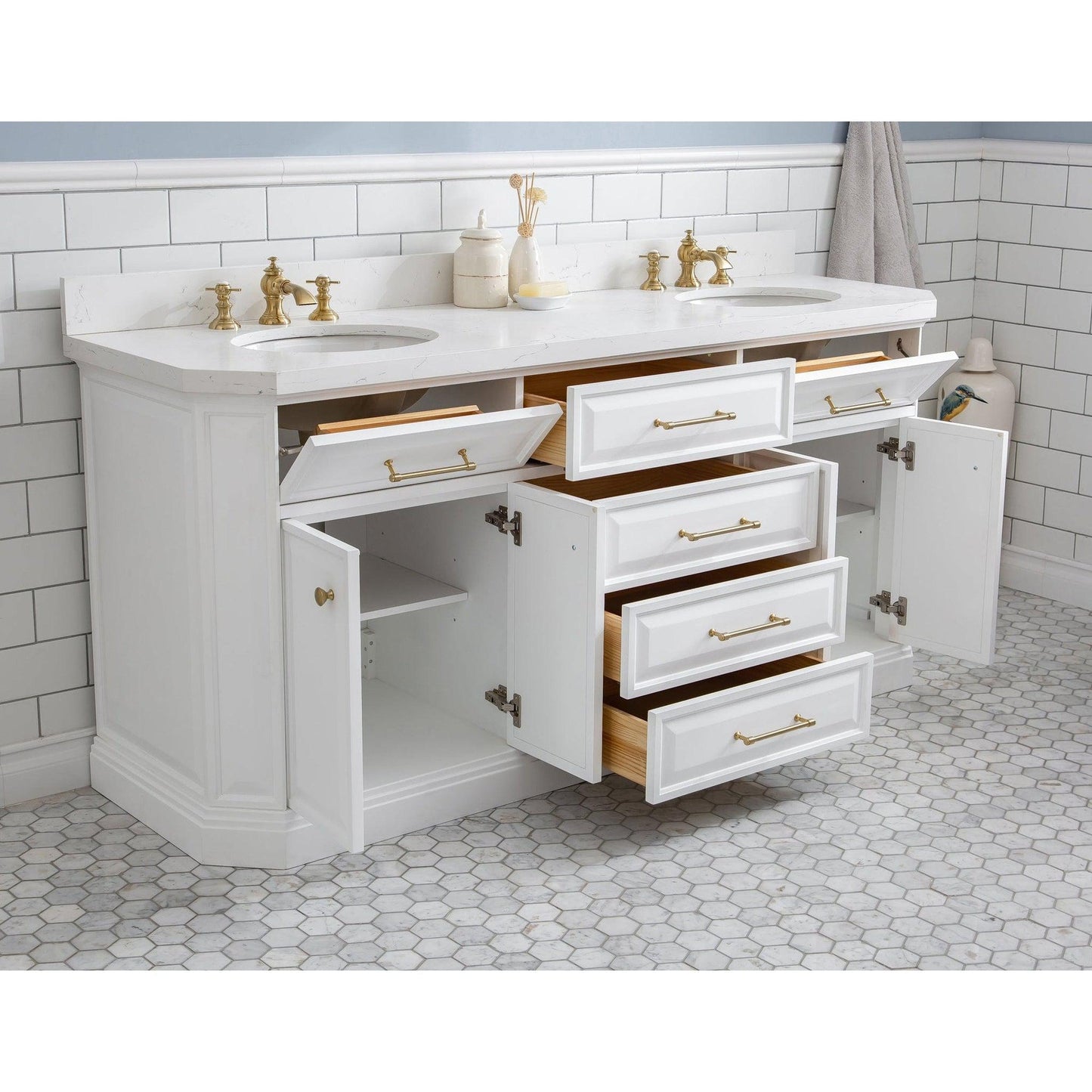 Water Creation Palace 72" Quartz Carrara Pure White Bathroom Vanity Set With Hardware And F2-0013 Faucets in Satin Gold Finish And Mirrors in Chrome Finish