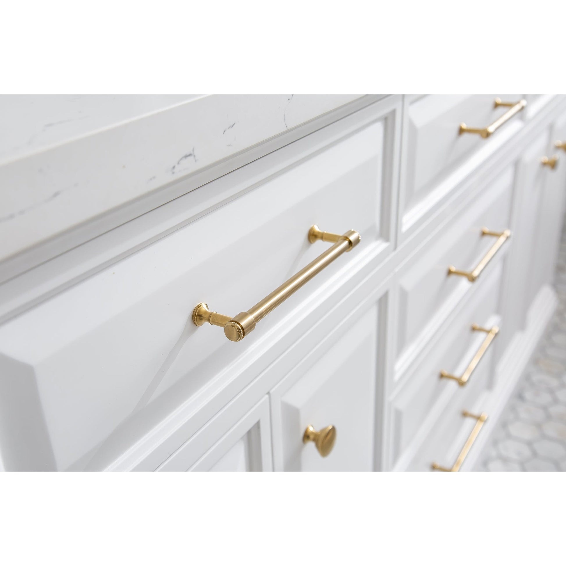 Water Creation Palace 72" Quartz Carrara Pure White Bathroom Vanity Set With Hardware And F2-0013 Faucets in Satin Gold Finish And Only Mirrors in Chrome Finish