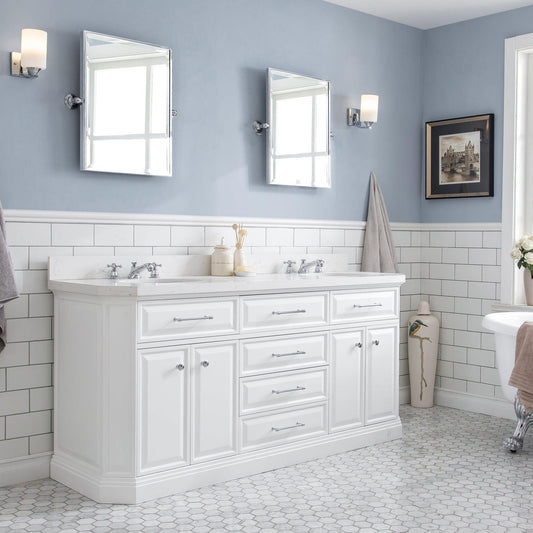 Water Creation Palace 72" Quartz Carrara Pure White Bathroom Vanity Set With Hardware, Mirror in Chrome Finish