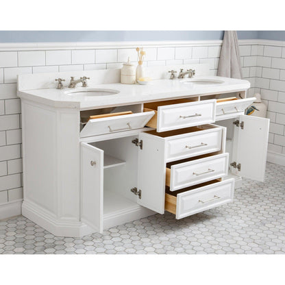 Water Creation Palace 72" Quartz Carrara Pure White Bathroom Vanity Set With Hardware, Mirror in Polished Nickel (PVD) Finish