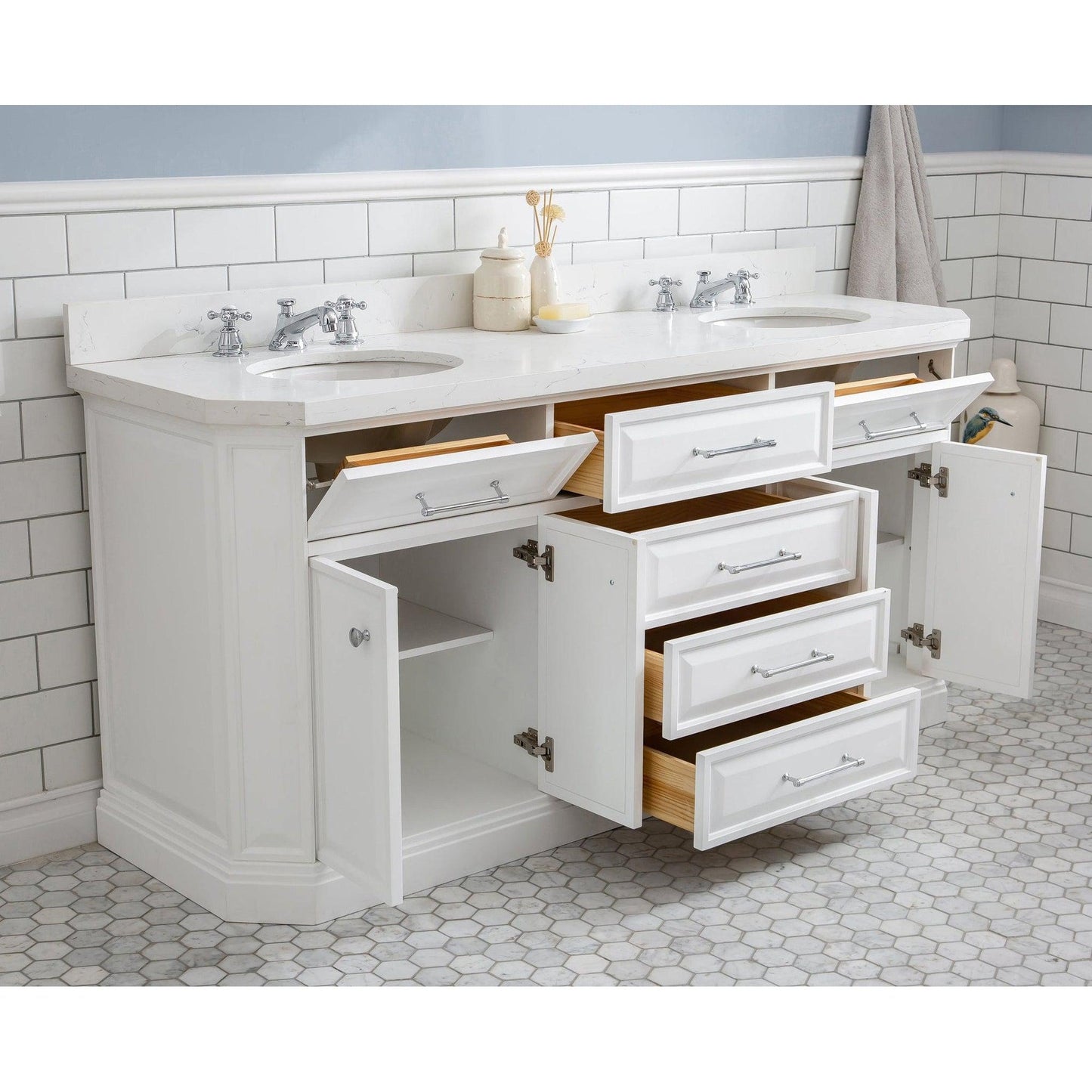 Water Creation Palace 72" Quartz Carrara Pure White Bathroom Vanity Set With Hardware in Chrome Finish