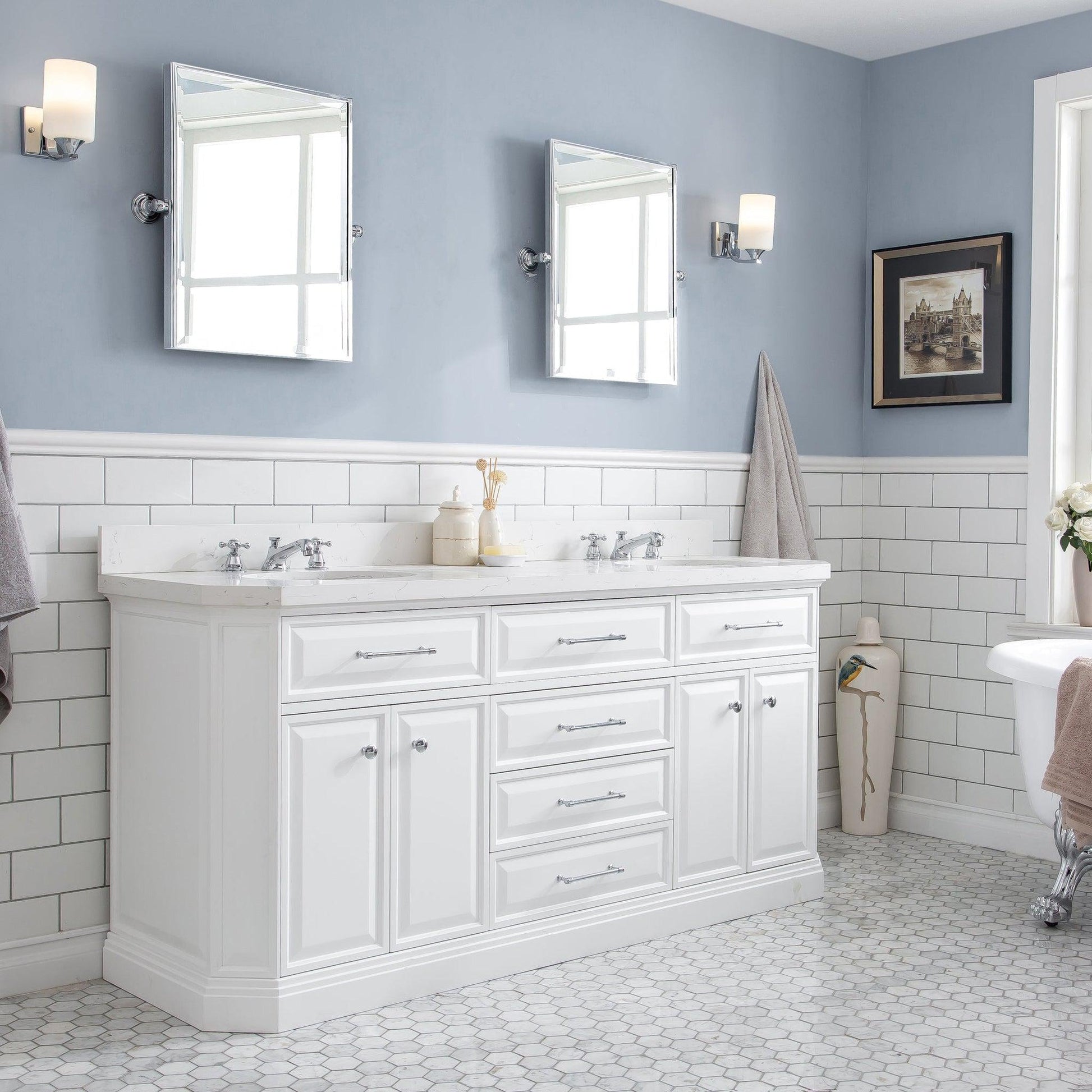 Water Creation Palace 72" Quartz Carrara Pure White Bathroom Vanity Set With Hardware in Chrome Finish