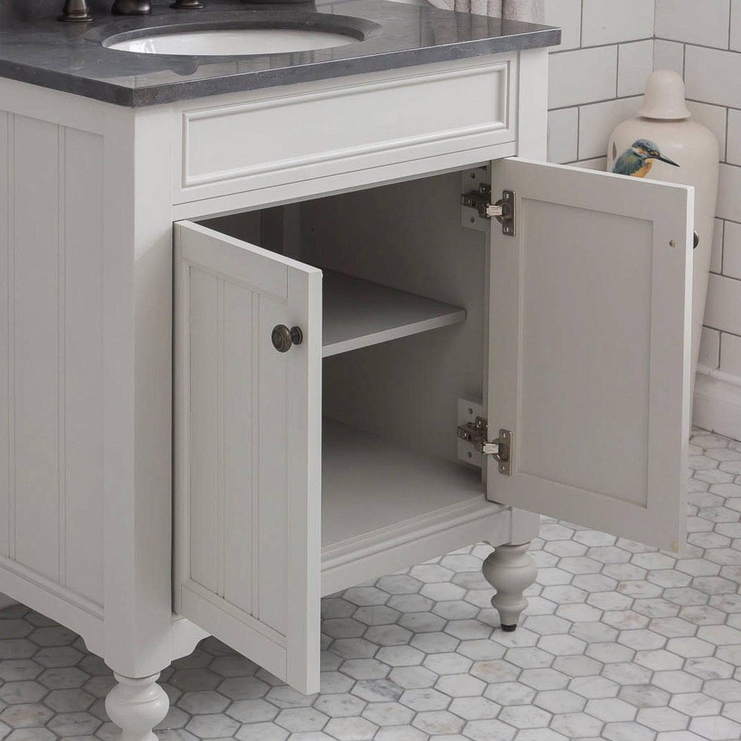 Water Creation Potenza 30" Bathroom Vanity in Earl Grey Finish with Blue Limestone Top with Faucet and Mirror