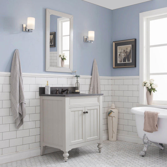 Water Creation Potenza 30" Bathroom Vanity in Earl Grey Finish with Blue Limestone Top with Faucet and Mirror