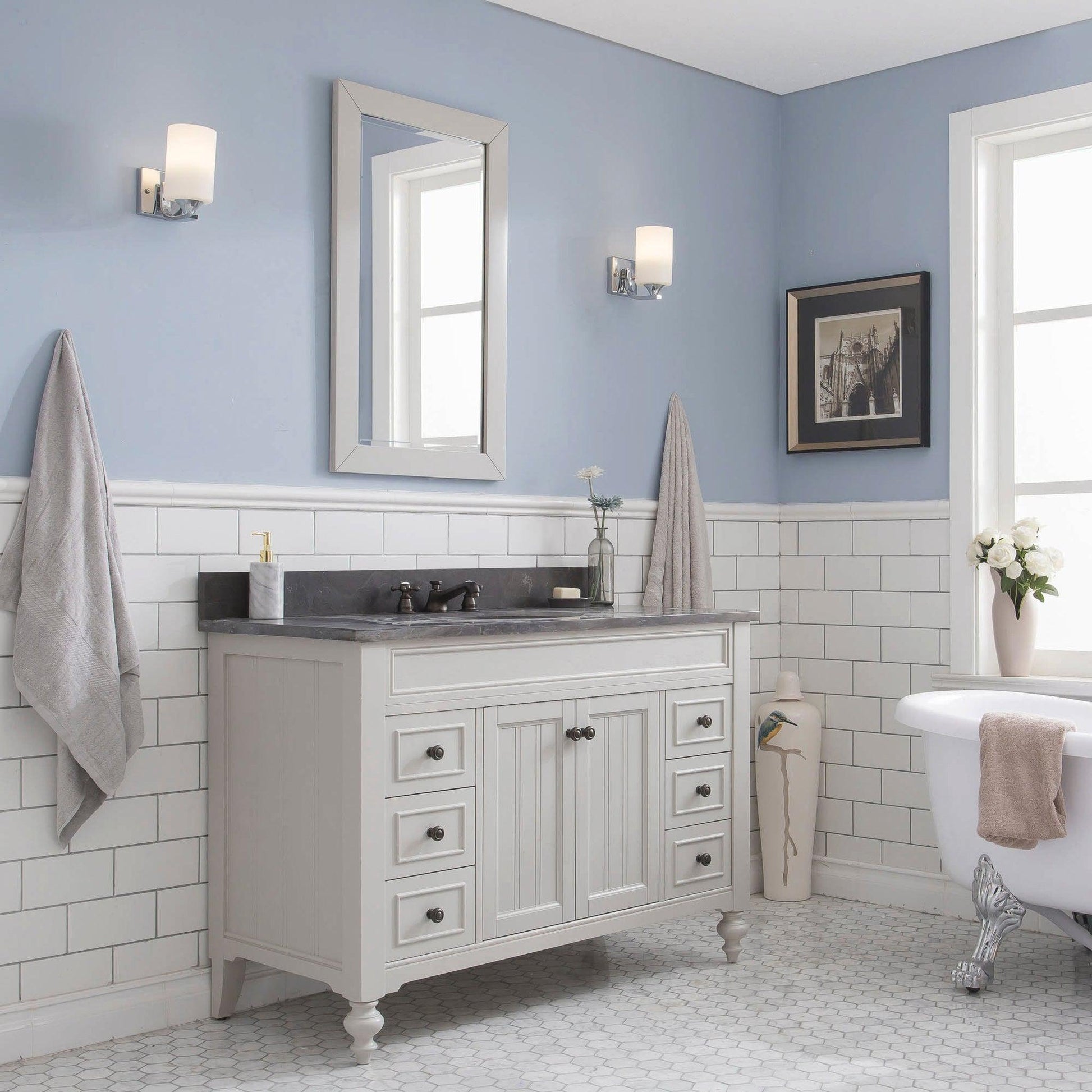 Water Creation Potenza 48" Bathroom Vanity in Earl Grey Finish with Blue Limestone Top with Faucet and Mirror