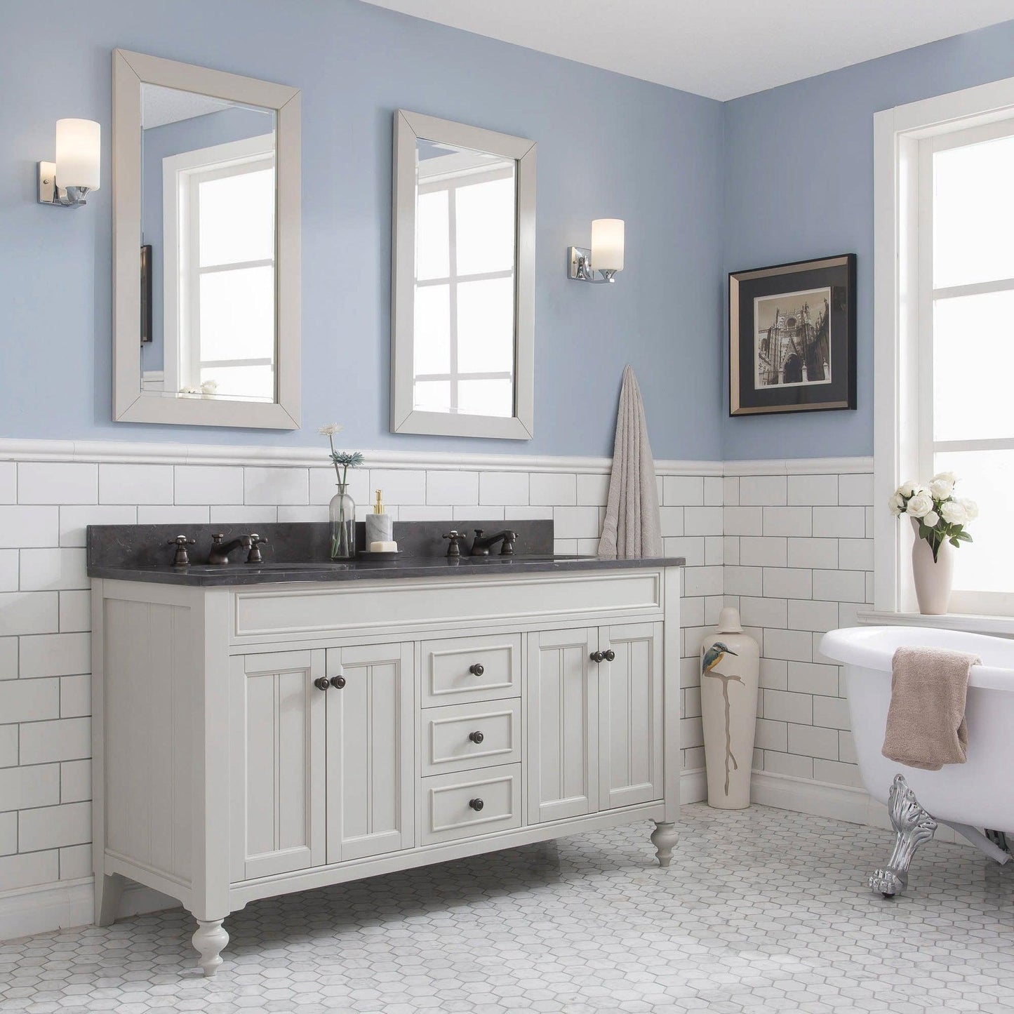 Water Creation Potenza 60" Bathroom Vanity in Earl Grey Finish with Blue Limestone Top with Faucet