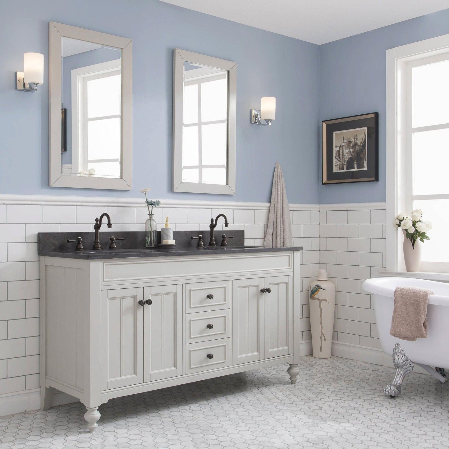 Water Creation Potenza 60" Bathroom Vanity in Earl Grey with Blue Limestone Top with Faucet