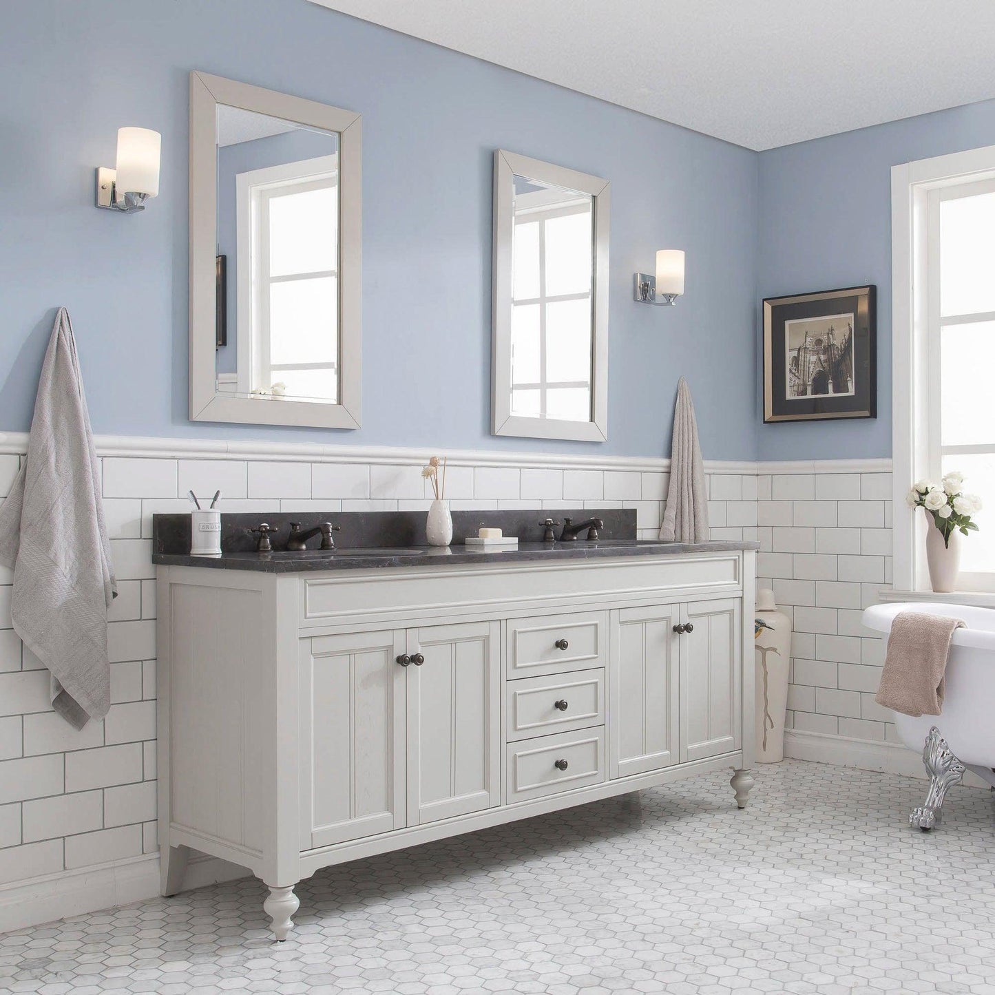 Water Creation Potenza 72" Bathroom Vanity in Earl Grey Finish with Blue Limestone Top with Faucet and Small Mirror