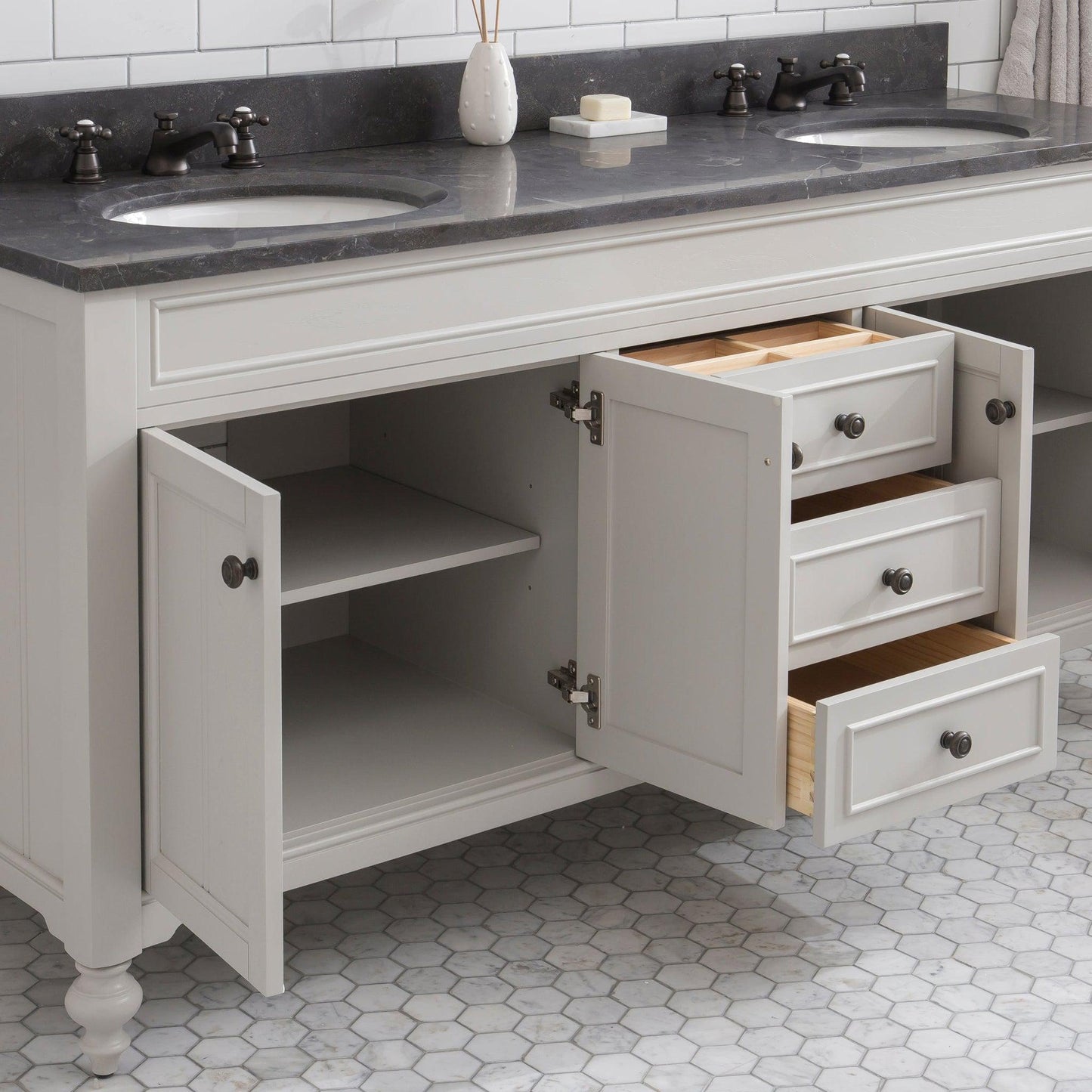 Water Creation Potenza 72" Bathroom Vanity in Earl Grey with Blue Limestone Top with Faucet and Small Mirror