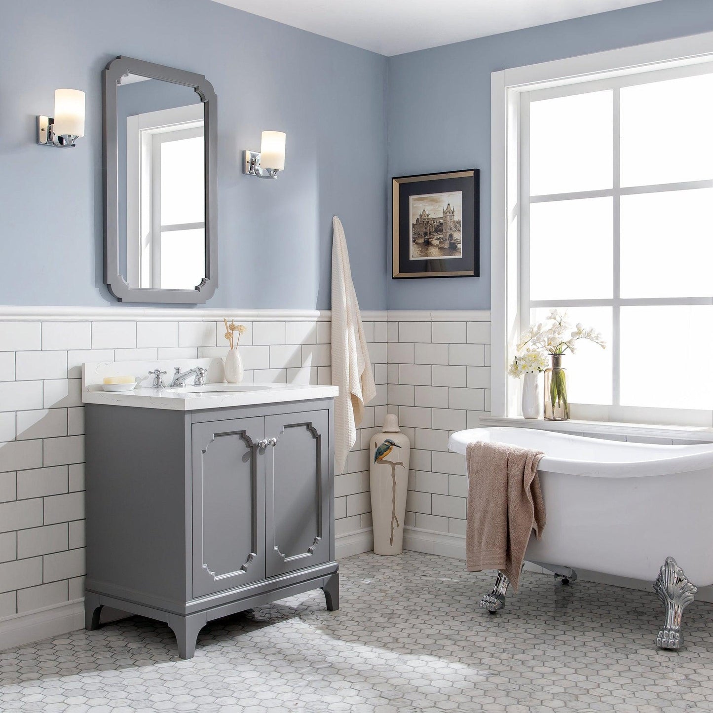 Water Creation Queen 30" Single Sink Quartz Carrara Vanity In Cashmere Grey With Matching Mirror(s)
