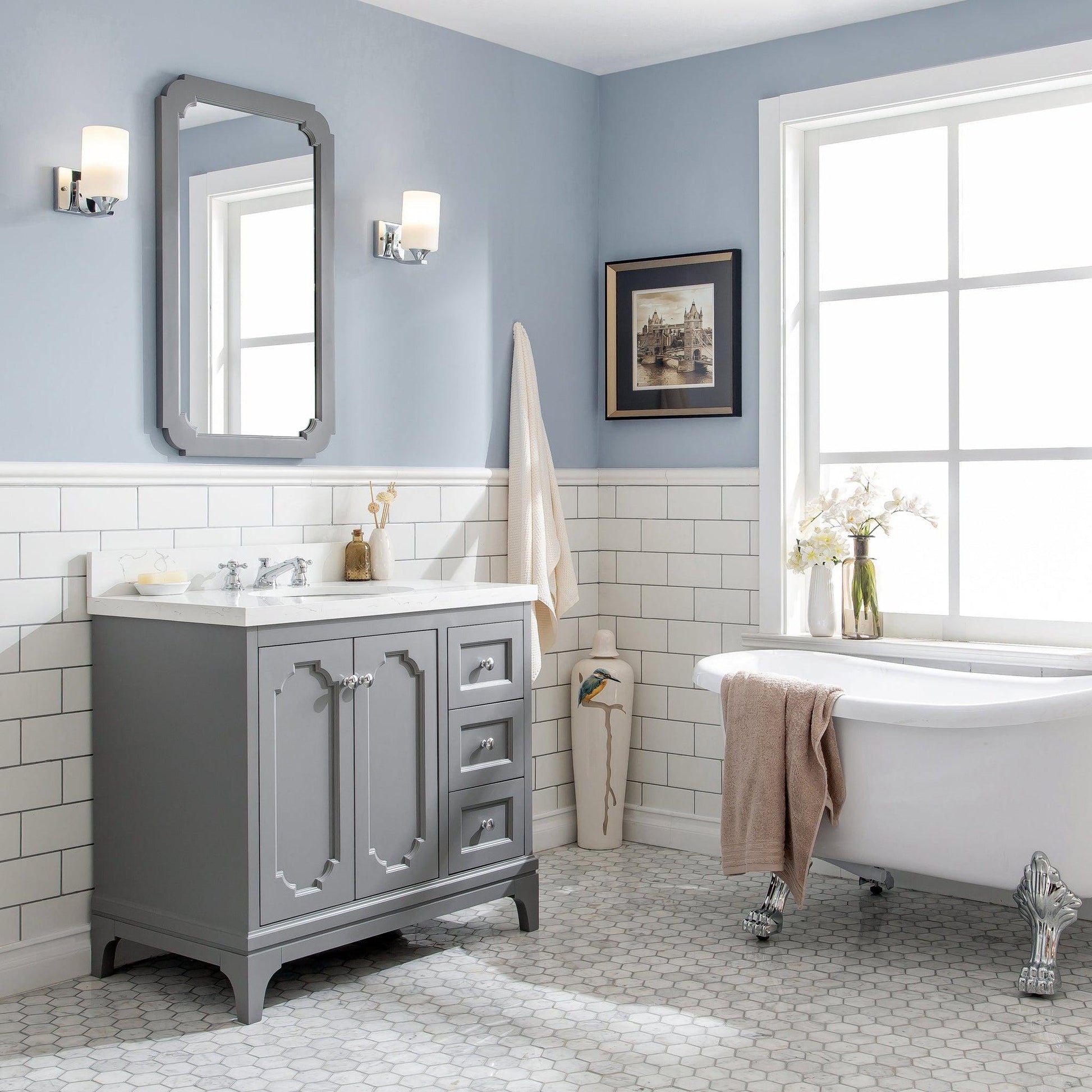 Water Creation Queen 36" Single Sink Quartz Carrara Vanity In Cashmere Grey With Matching Mirror(s)