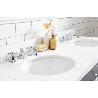 Water Creation Queen 60" Double Sink Quartz Carrara Vanity In Cashmere Grey With F2-0009-01-BX Lavatory Faucet(s)