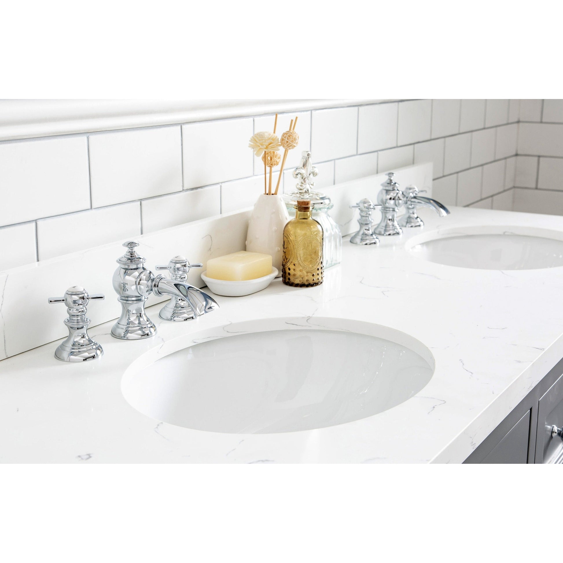 Water Creation Queen 60" Double Sink Quartz Carrara Vanity In Cashmere Grey With F2-0013-01-FX Lavatory Faucet(s)