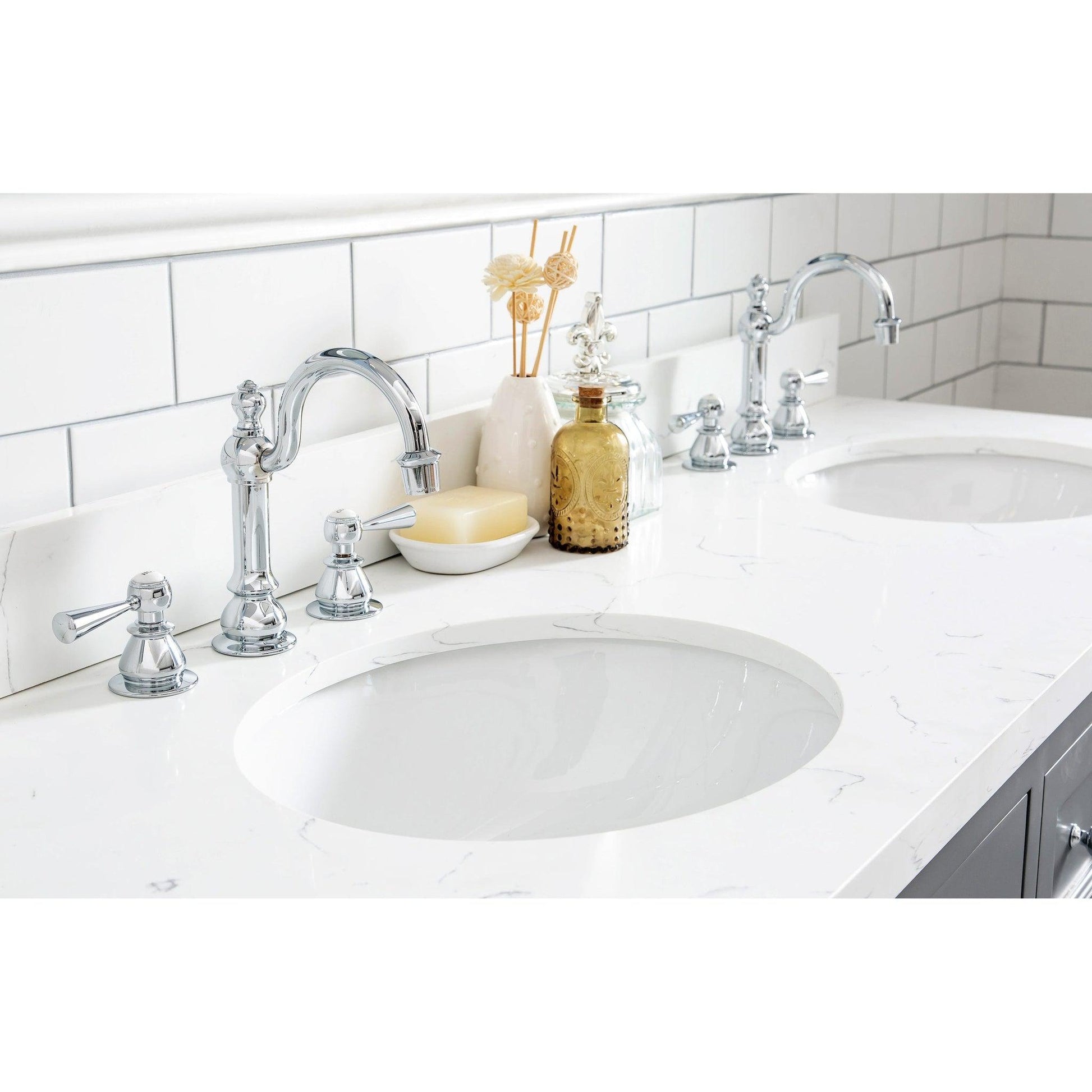 Water Creation Queen 60" Double Sink Quartz Carrara Vanity In Cashmere Grey With Matching Mirror(s) and F2-0012-01-TL Lavatory Faucet(s)