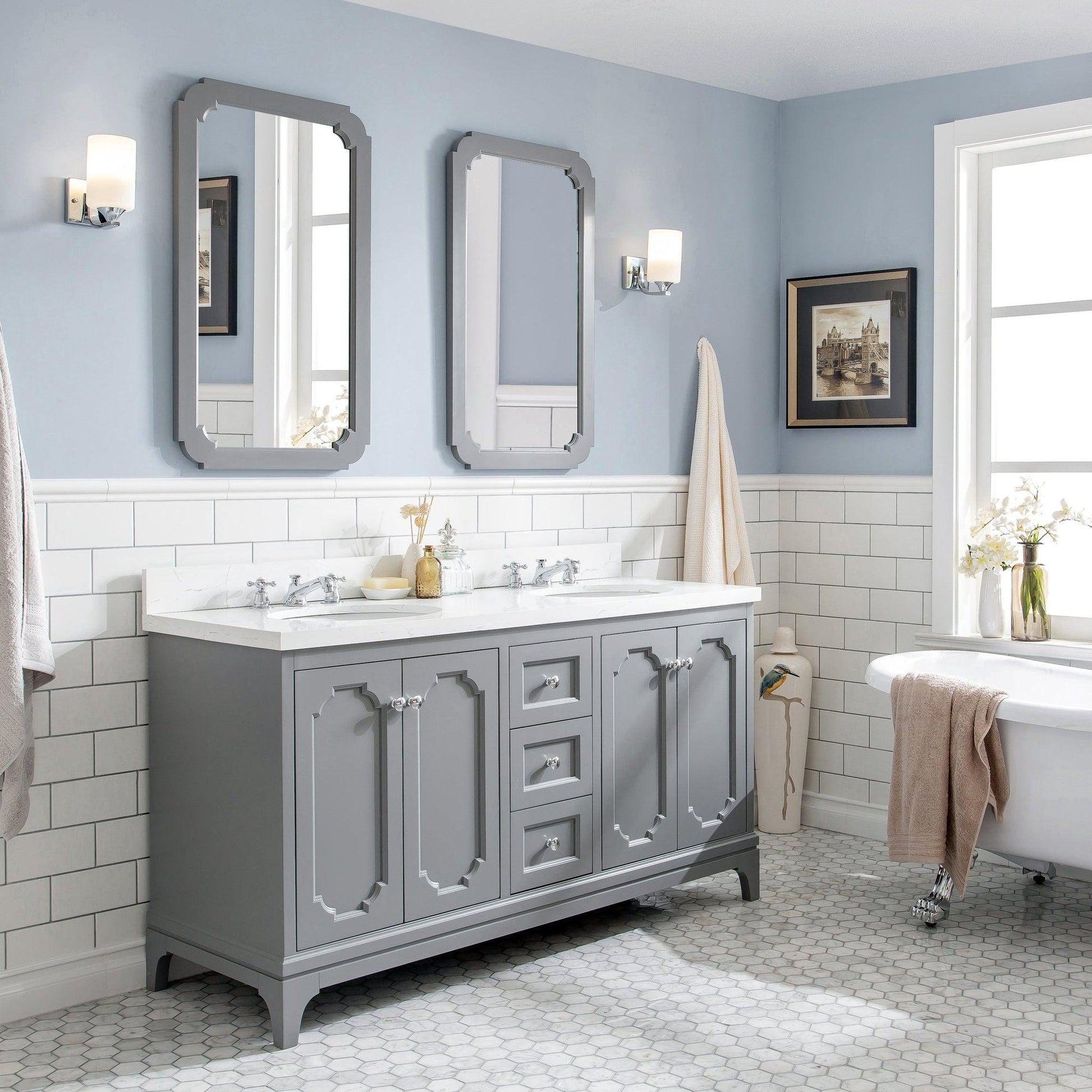 Water Creation Queen 60" Double Sink Quartz Carrara Vanity In Cashmere Grey With Matching Mirror(s)
