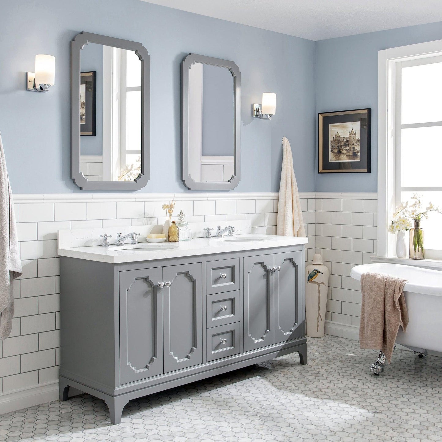 Water Creation Queen 60" Double Sink Quartz Carrara Vanity In Cashmere Grey