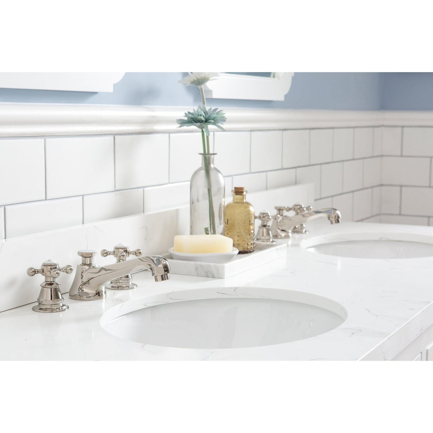 Water Creation Queen 60" Double Sink Quartz Carrara Vanity In Pure White With F2-0009-05-BX Lavatory Faucet(s)