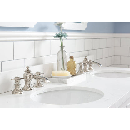 Water Creation Queen 60" Double Sink Quartz Carrara Vanity In Pure White With F2-0013-05-FX Lavatory Faucet(s)