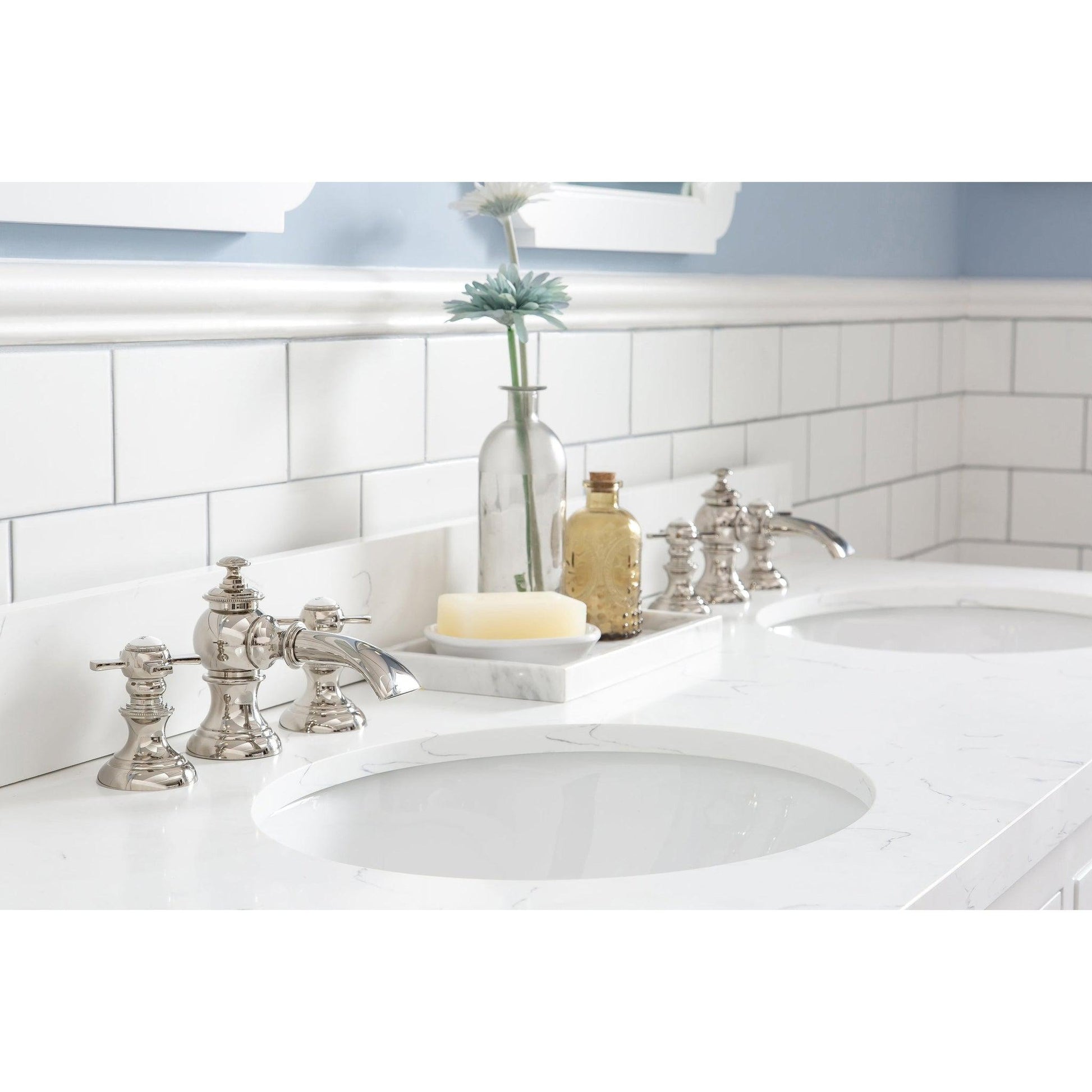 Water Creation Queen 60" Double Sink Quartz Carrara Vanity In Pure White With Matching Mirror(s) and F2-0013-05-FX Lavatory Faucet(s)