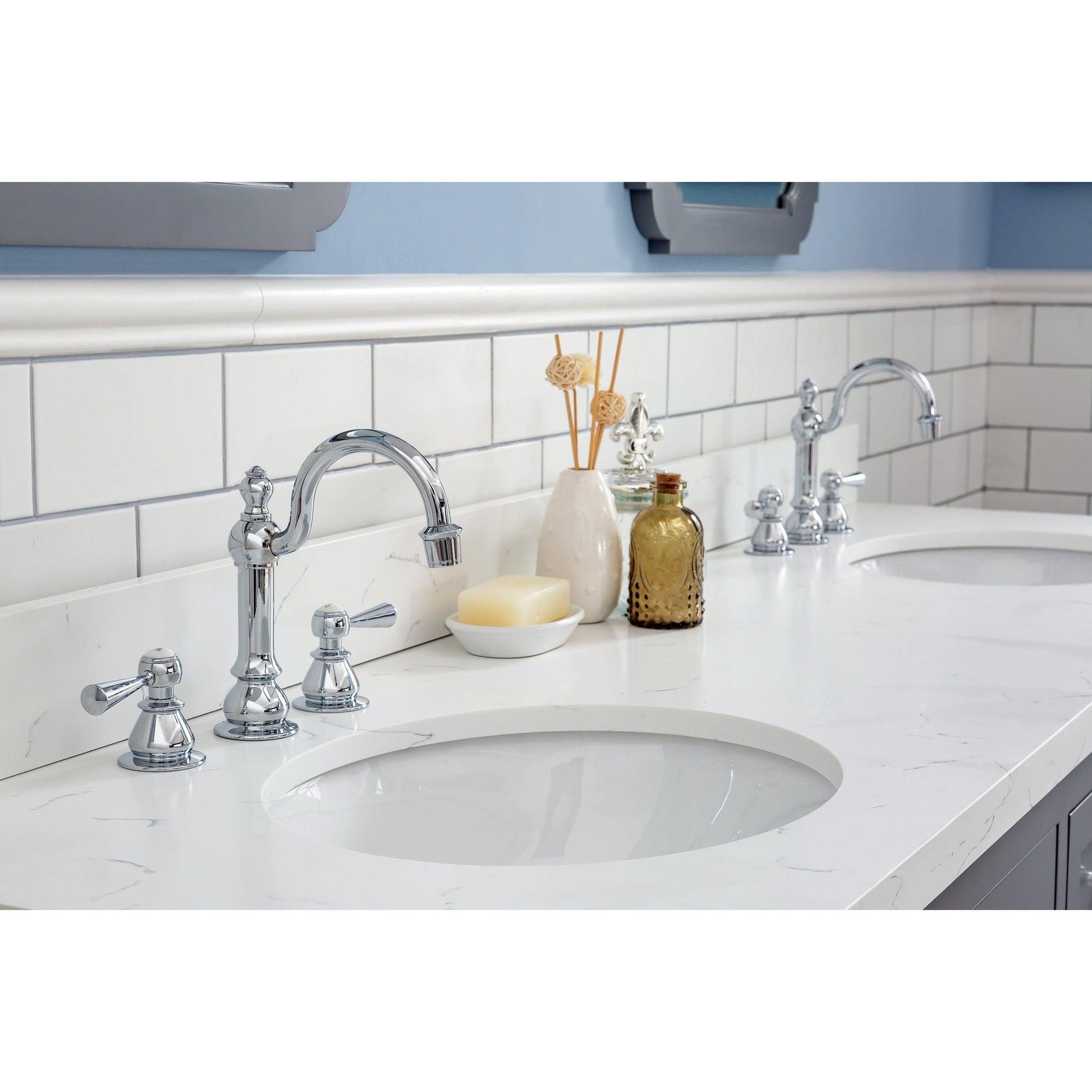 Water Creation Queen 72" Double Sink Quartz Carrara Vanity In Cashmere Grey With F2-0012-01-TL Lavatory Faucet(s)