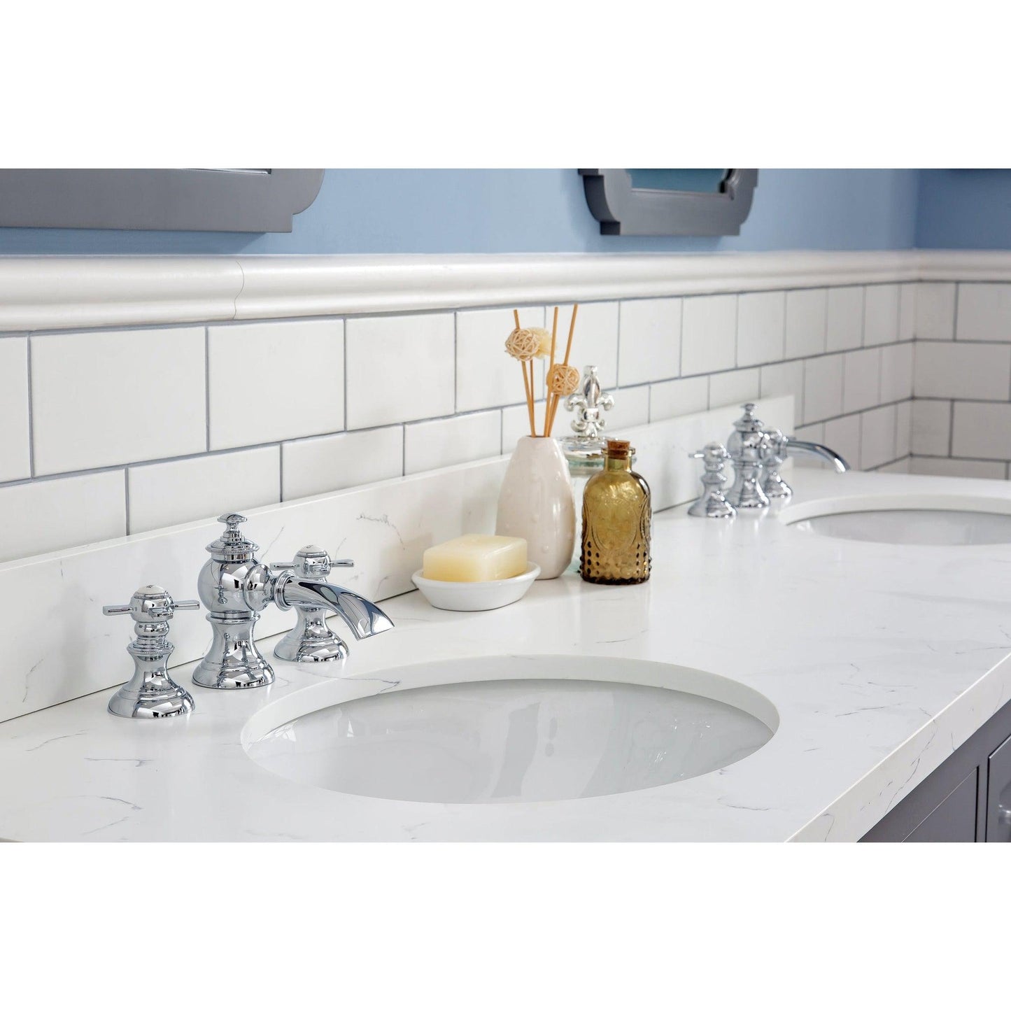 Water Creation Queen 72" Double Sink Quartz Carrara Vanity In Cashmere Grey With F2-0013-01-FX Lavatory Faucet(s)