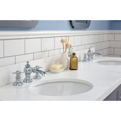 Water Creation Queen 72" Double Sink Quartz Carrara Vanity In Cashmere Grey With Matching Mirror(s) and F2-0013-01-FX Lavatory Faucet(s)