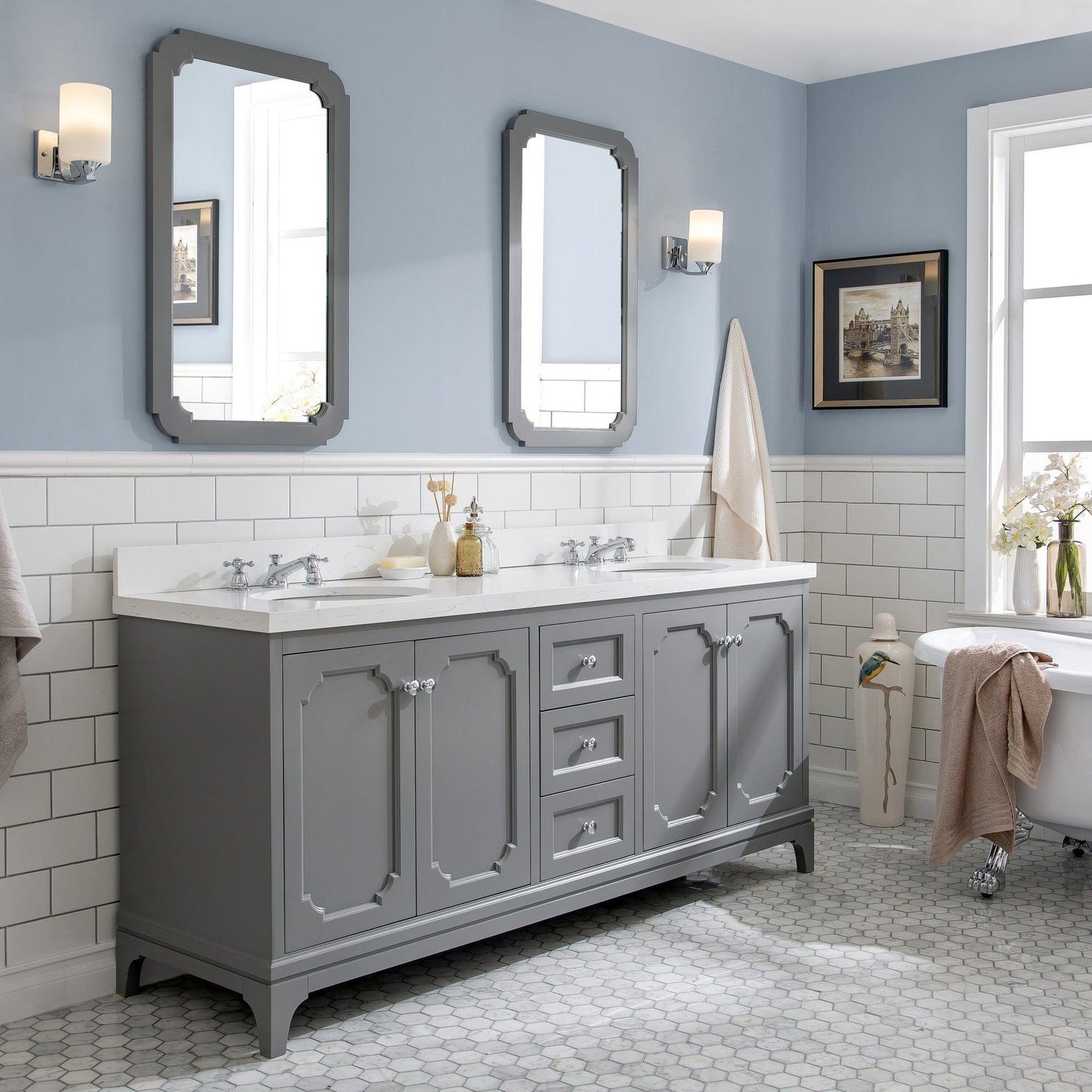 Water Creation Queen 72" Double Sink Quartz Carrara Vanity In Cashmere Grey With Matching Mirror(s)