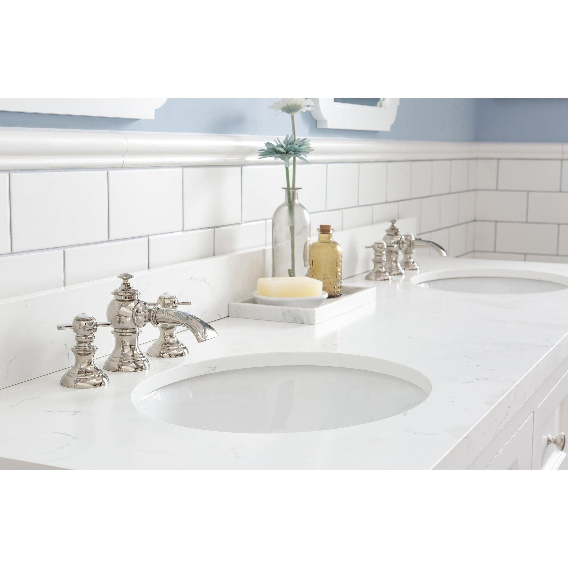 Water Creation Queen 72" Double Sink Quartz Carrara Vanity In Pure White With F2-0013-05-FX Lavatory Faucet(s)