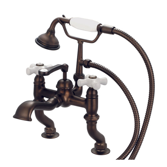 Water Creation Vintage Classic Adjustable Center Deck Mount Tub F6-0004 3.25" Brown Solid Brass Faucet With Handheld Shower And Porcelain Cross Handles, Hot And Cold Labels Included