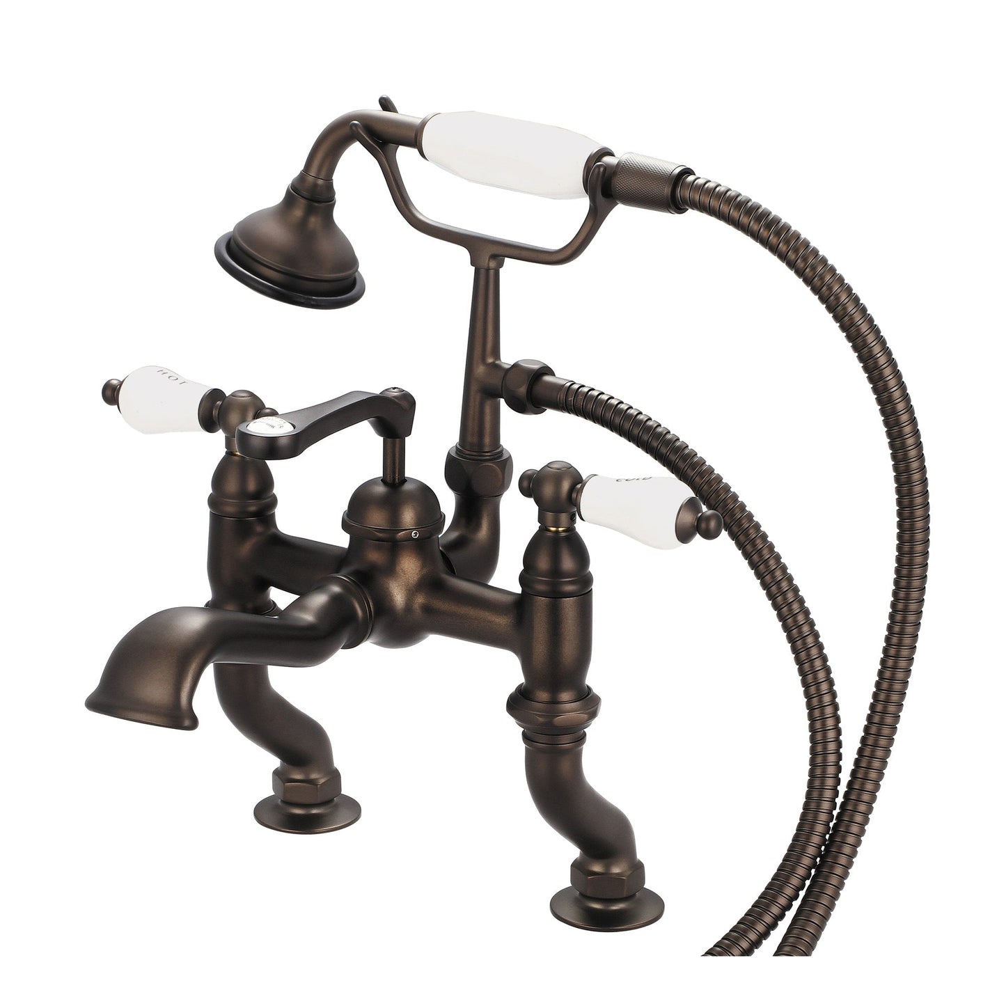 Water Creation Vintage Classic Adjustable Center Deck Mount Tub F6-0004 3.25" Brown Solid Brass Faucet With Handheld Shower And Porcelain Lever Handles, Hot And Cold Labels Included