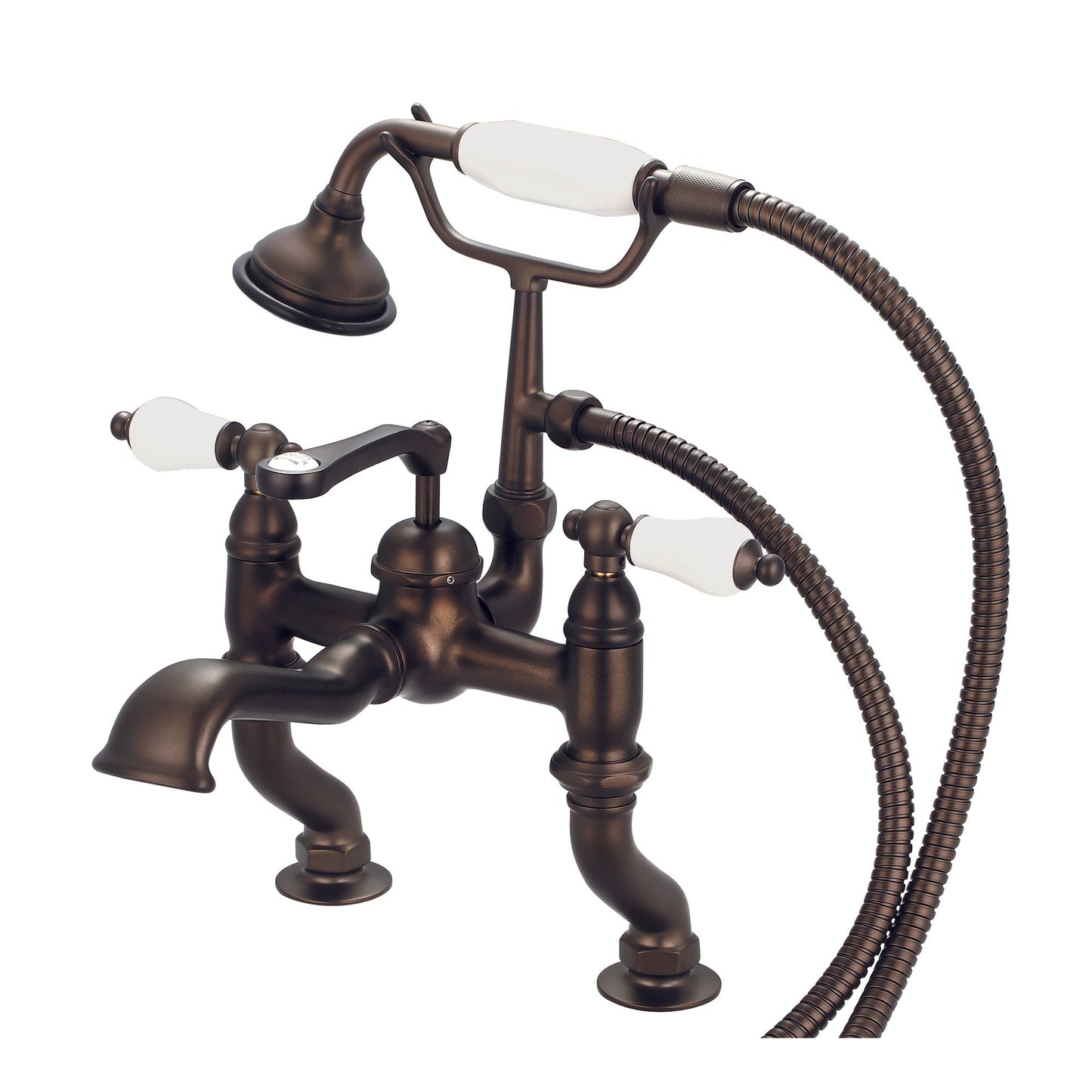 Water Creation Vintage Classic Adjustable Center Deck Mount Tub F6-0004 3.25" Brown Solid Brass Faucet With Handheld Shower And Porcelain Lever Handles Without Labels