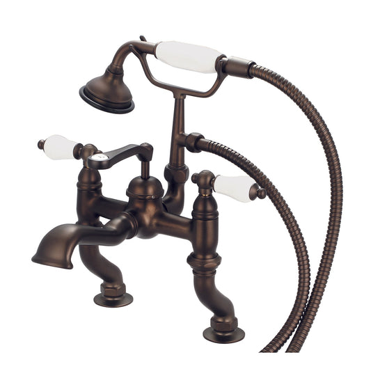 Water Creation Vintage Classic Adjustable Center Deck Mount Tub F6-0004 3.25" Brown Solid Brass Faucet With Handheld Shower And Porcelain Lever Handles Without Labels