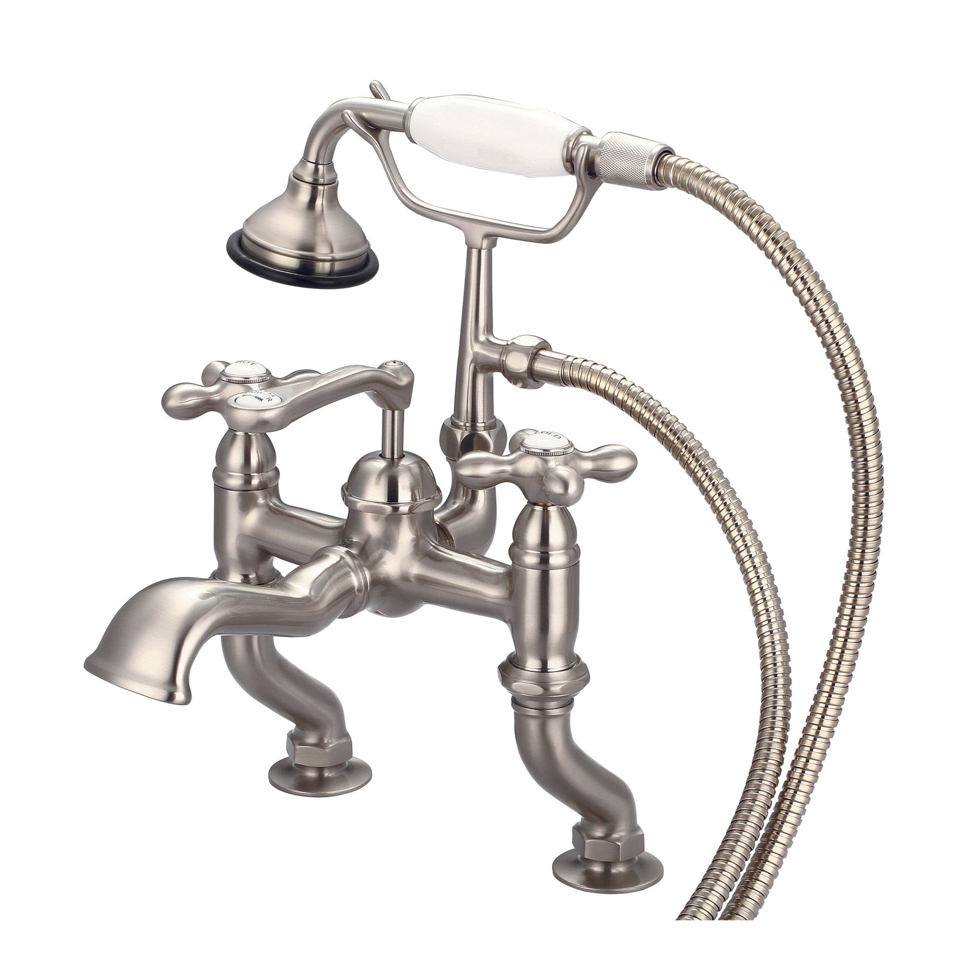 Water Creation Vintage Classic Adjustable Center Deck Mount Tub F6-0004 3.25" Grey Solid Brass Faucet With Handheld Shower And Metal Lever Handles, Hot And Cold Labels Included
