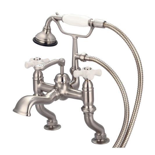 Water Creation Vintage Classic Adjustable Center Deck Mount Tub F6-0004 3.25" Grey Solid Brass Faucet With Handheld Shower And Porcelain Cross Handles, Hot And Cold Labels Included