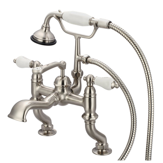 Water Creation Vintage Classic Adjustable Center Deck Mount Tub F6-0004 3.25" Grey Solid Brass Faucet With Handheld Shower And Porcelain Lever Handles, Hot And Cold Labels Included